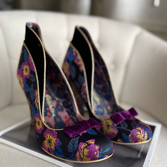 Floral Velvet Shoes unique Victorian heel couture theatrical piece retro style - Picture 5 of 13